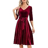 Bbonlinedress Women Long Sleeve Velvet Vintage Tea Dress Formal Cocktail Wedding Guest Midi Prom V-Neck Fit and Flare Dress