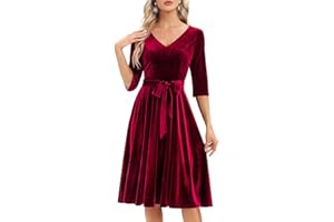 Bbonlinedress Women Long Sleeve Velvet Vintage Tea Dress Formal Cocktail Wedding Guest Midi Prom V-Neck Fit and Flare Dress