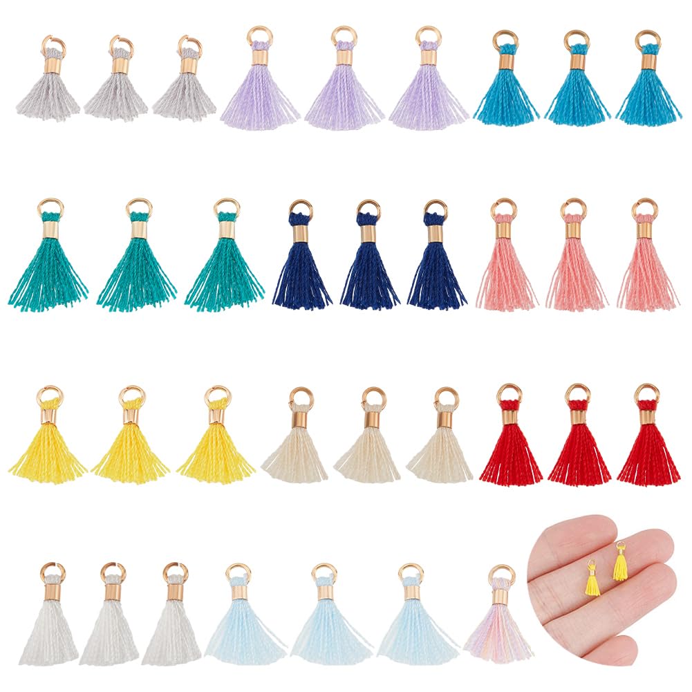 NBEADS 1 Box 65 Pcs/Box Cotton Tassel Pendant Tassel Pendant Charms with Caps for Bag Craft Key Chain Straps Decor Diy Accessories, Mixed Color, about 10-16mm Long, 2mm Thick, Hole: 1.5mm