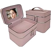 RCFJ b y K L A N D Hard Shell Double Layer Makeup Train Case with Mirror, Large Capacity Travel Cosmetic Organizer, Water-Resistant PU Leather Toiletry Bag for Women