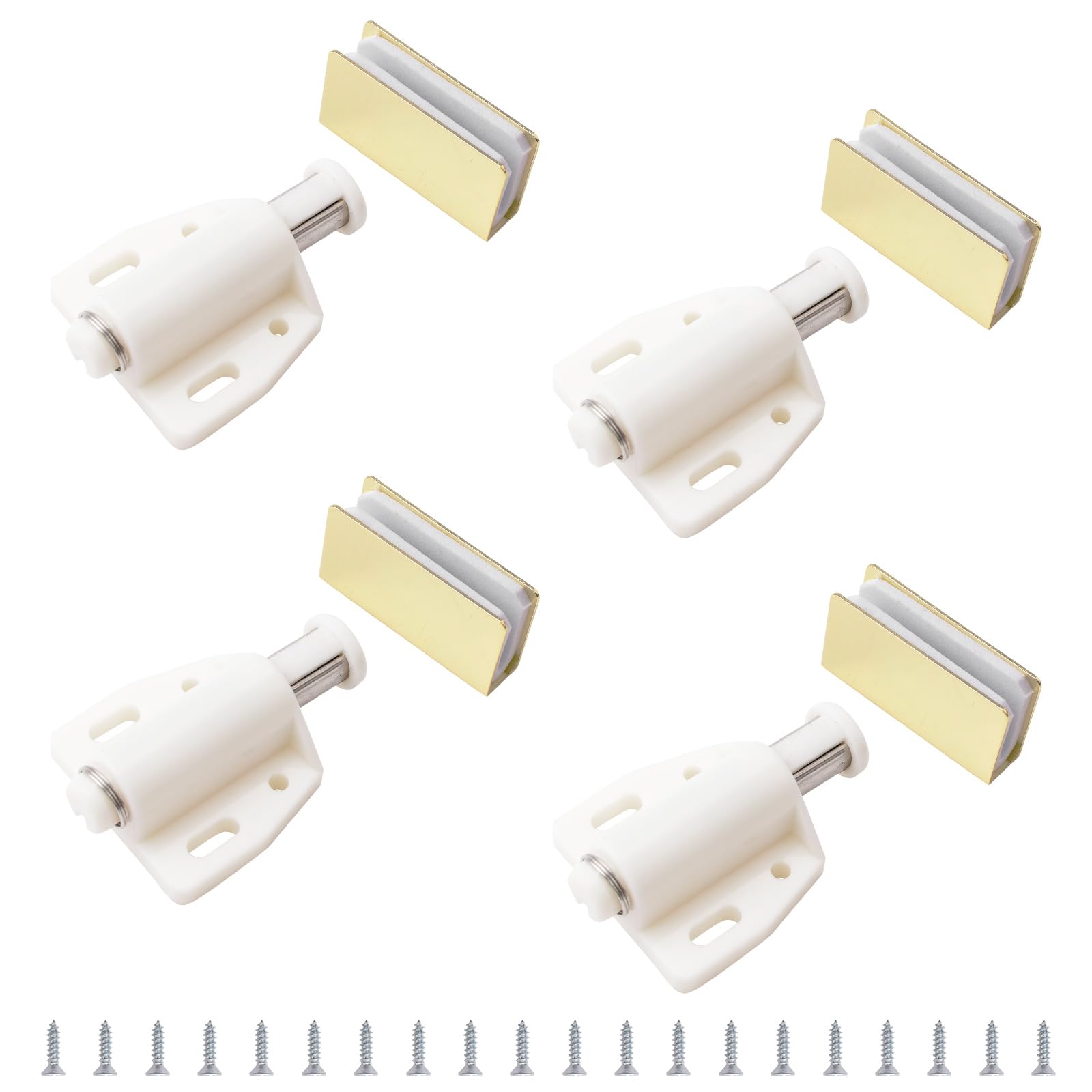UFURMATE Glass Door Magnetic Catch Latch Closures, 4 Set Push Open Single Glass Door Magnetic Touch Latchs with Adjustable Cabinet Clamp, Fit for 3-6mm Free-Swinging Glass Door (Gold & White)