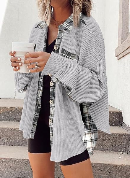 SHEWIN WOMENS WAFFLE KNIT SHACKET BUTTON-DOWN SHIRT JACKET PLAID SHIRT BLOUSES LOOSE LONG SLEEVE TOPS 2024 FALL FASHION OUTFITS LIGHT GREY M
