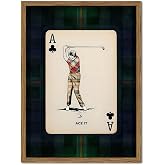 Vintage Golf Wall Art, Playing Card Golfer Sports Wall Decor Paintings Retro Navy Plaid Canvas Prints Picture for Bedroom Living Room Man Cave Country Club 12x16 inch Wood Framed
