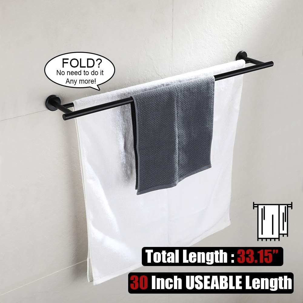 JQK Double Bath Towel Bar, Matte Black 30 Inch Stainless Steel Towel Rack for Bathroom, Towel Holder Wall Mount, 33 in Total Length, TB100L30-PB: Home & Kitchen