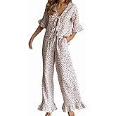 codcm Womens Cotton Pajama Set Ruffle 2 Piece Tie Front Shirt and Long Pants Cute Printed Sleepwear