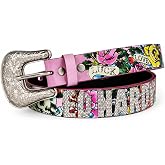 ED HARDY Women's Skull & Flower Print Studded Embellished Narrow Metal Buckle Adjustable Fashion Ladies Belt