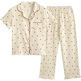 Verdusa Women's 2 Piece Pajamas Sets Cute Pj Set Graphic Print Comfy Loungewear Sets Ruffle Trim Top and Pants