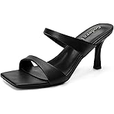 Goderci Kitten Heels for Women Two Strap Square Open Toe Mules Heels Slip On Mid Heeled Sandals