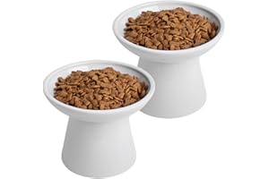 KITCHENLESTAR 6.2 Inch Extra Wide Elevated Ceramic Cat Bowls, Food and Water Bowl Set for Elder Big Cats Small Dogs, Raised Design for Pet Easy Eating, Protect Cat's Spine Set of 2(White)