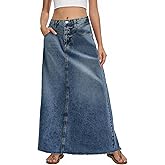 Fisoew Women's Vintage Denim Maxi Skirt Casual High Waist A-Line Frayed Hem Long Jean Skirt with Pockets