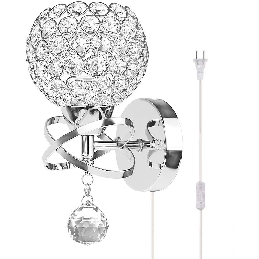 Ygapuzi Modern Crystal Wall Light Flush Mount Wall Sconces Lamp Chrome Finish Bedside Lighting Fixture with E27 Socket, for Living Room Bathroom Bedroom and Hallway (Plug in)