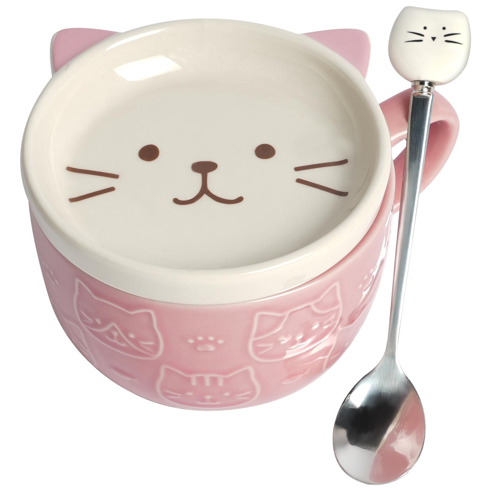 HOTUT Cute Kawaii Pink Cat Coffee Mugs with Lids, Cute Animal Coffee Tea Cup Saucer Set, Kawaii Ceramic Mugs with Biscuit Holder and Spoon, Funny Novelty Cat Breakfast Mugs for Girls Friend Kids Wife