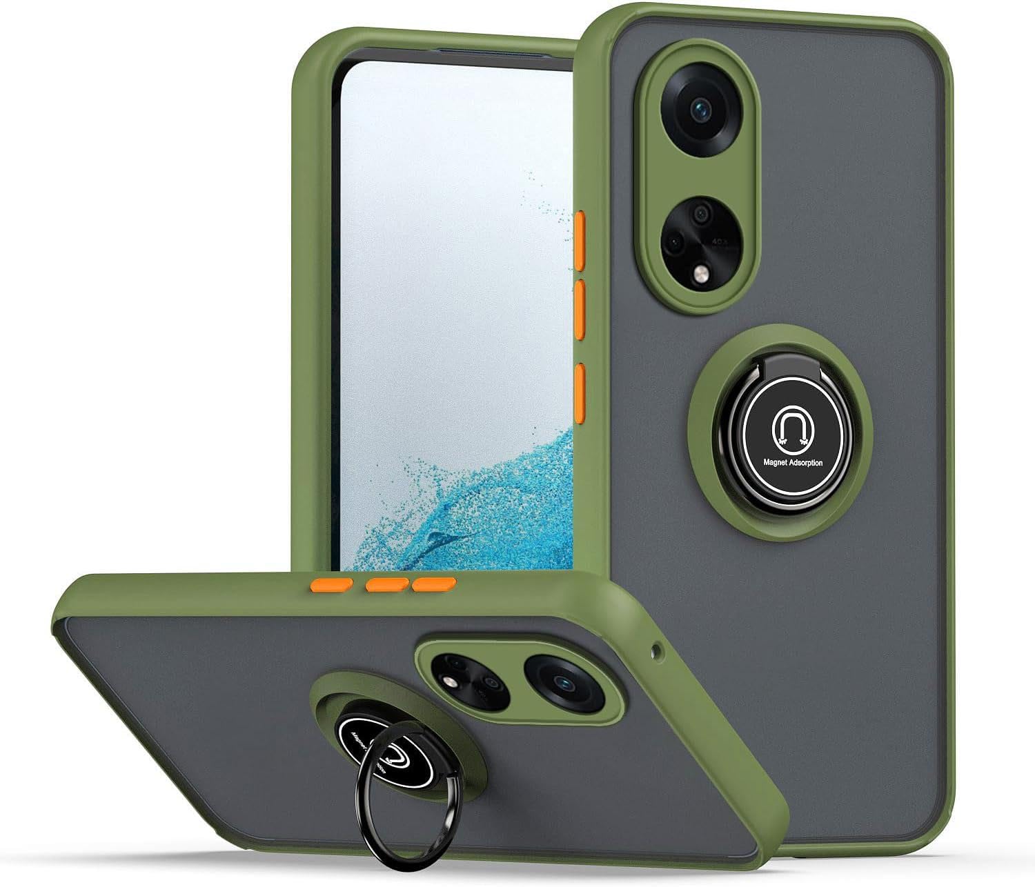 ILING Case for Oppo A98 5G, Ultra-thin Translucent Matte Frosted PC Hard Back Cover, Soft Silicone TPU Bumper Shockproof Protective Case with Ring Kickstand (Army Green)