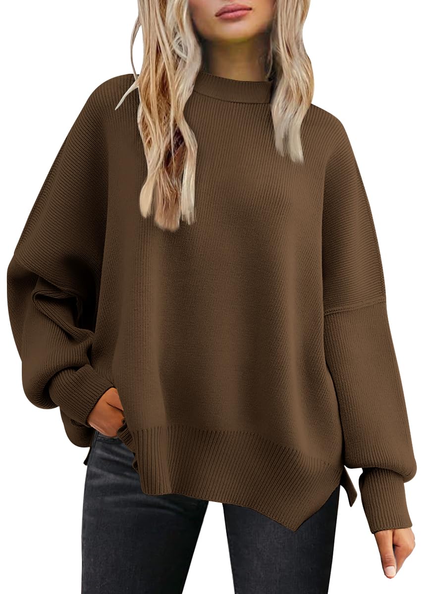 Photo 1 of LILLUSORY Women's Oversized Batwing Sweaters 2025 Fall Outfits Trendy Crewneck Knit Side Slit Fashion Pullover Tops LightCoffee XXL