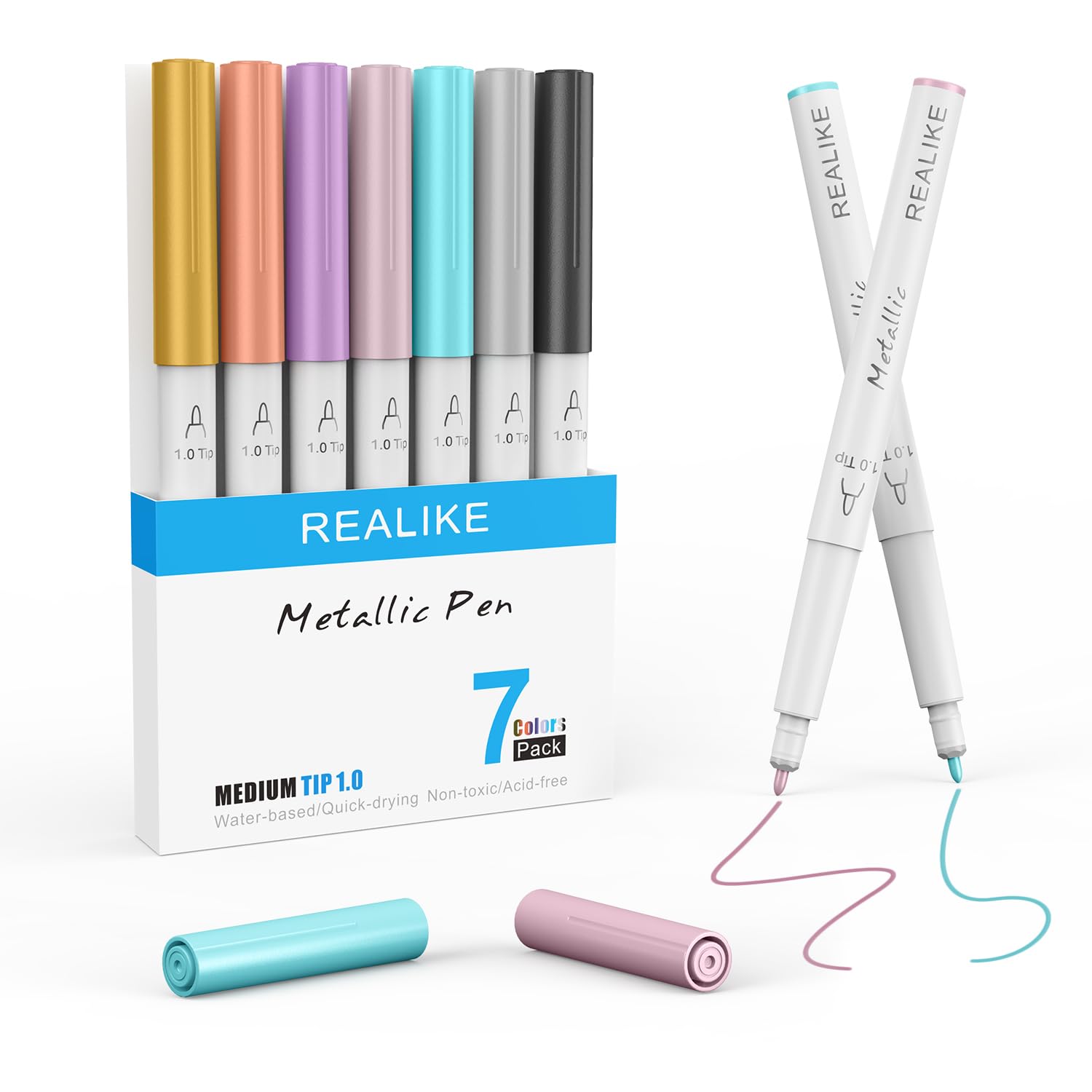 REALIKE Metallic Pens Compatible with Cricut Maker 3/4/Explore 3/Air 2/Air Metallic Marker 7 pens Medium Point 1.0 for Drawing Coloring Writing Lettering