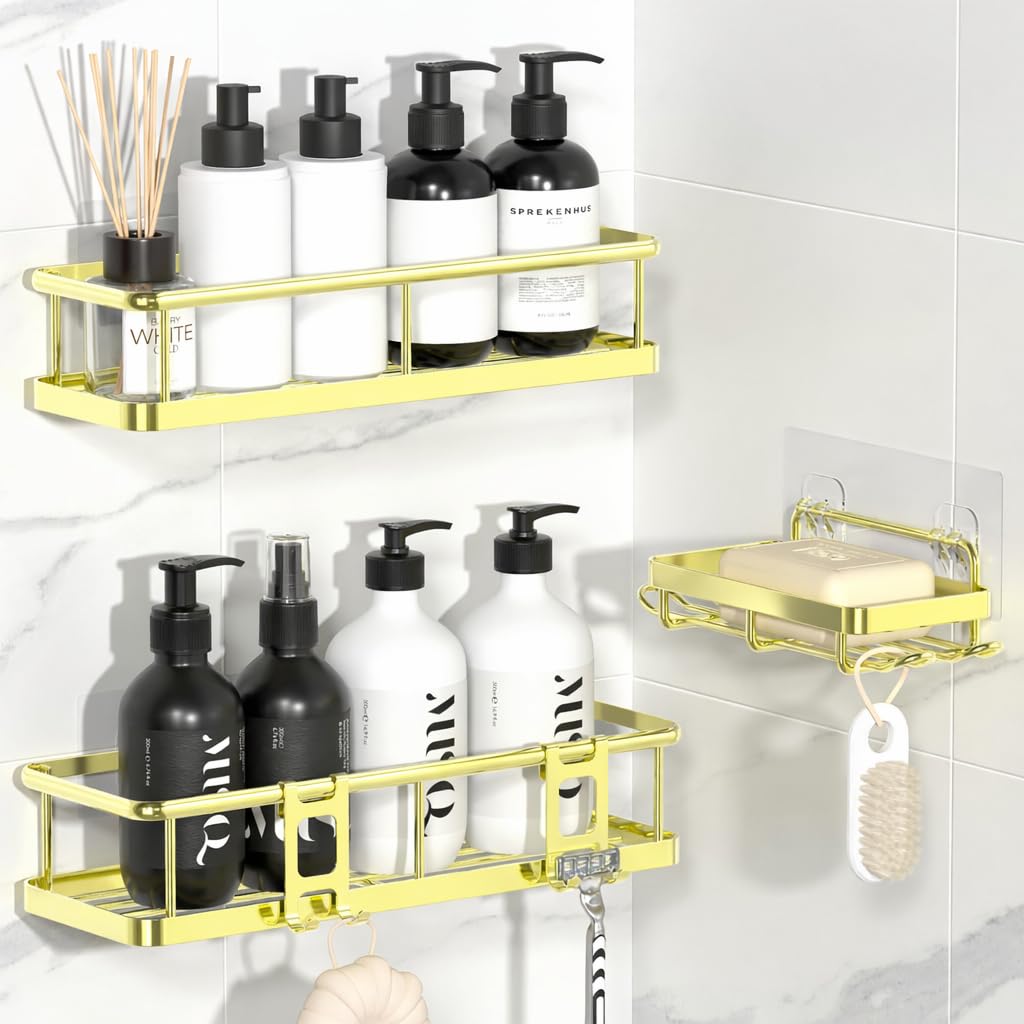 YASONIC Shower Caddy Adhesive, Rustproof Shower Organizer with Soap Holder, Large Capacity Shower Shelves for Inside Shower, No Drilling Bathroom Organizers and Storage for Home Decor(3 Pack Gold)