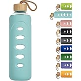 Ferexer Sport 32oz Glass Water Bottle 1000ml /1 liter Borosilicate Glass Water Bottle Reusable Waterbottle Jugwith Silicone Sleeve and Unique Lid (Cyan
