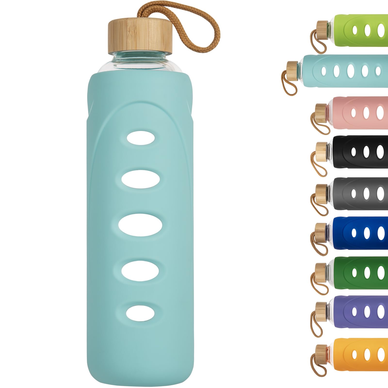 Ferexer 1 litre / 1l / 1000 ml Sport Borosilicate Glass Water Bottle with Protective Silicone Sleeve and Bamboo Lid (cyan)