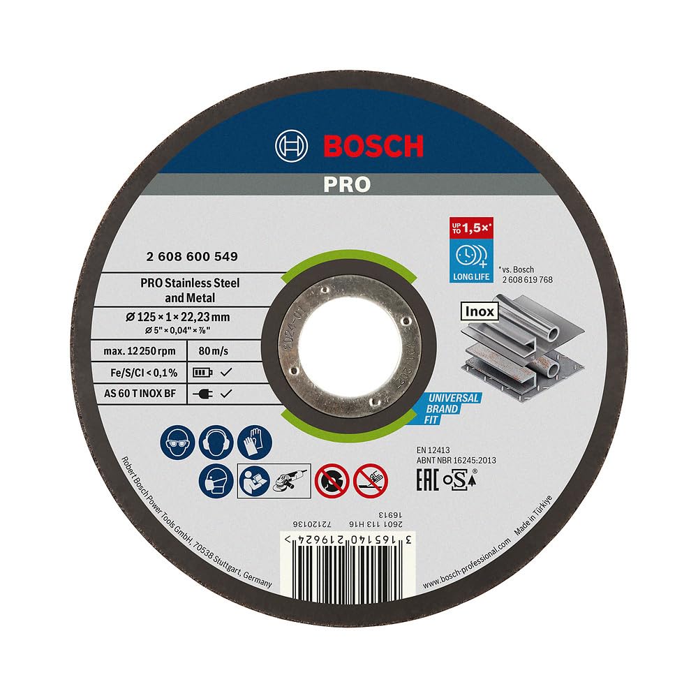 Bosch 1x PRO Stainess Steel and Metal Longlife Thin Cutting Disc for Small Angle Grinder and Bore 22.23 mm (for Steel, Stainless steel, Ø 125 mm, Professional Accessory Small Angle Grinder)