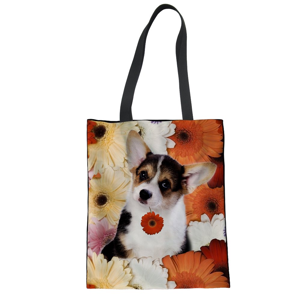 HUGS IDEA Flower Dog Print Women Cloth Tote Bag Travel Casual Shoulder Bag Student College Bag