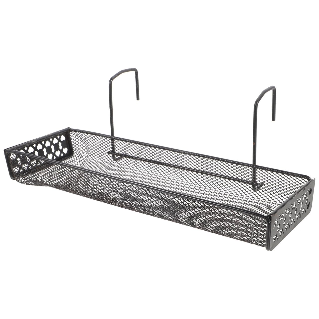 Photo 1 of Plant Stand Indoor Iron Hanging Flower Rack Basket Shelf with Hooks Railing Holder Black Metal Decorative Railing Shelf for Outdoor Garden Balcony Fence Patio
