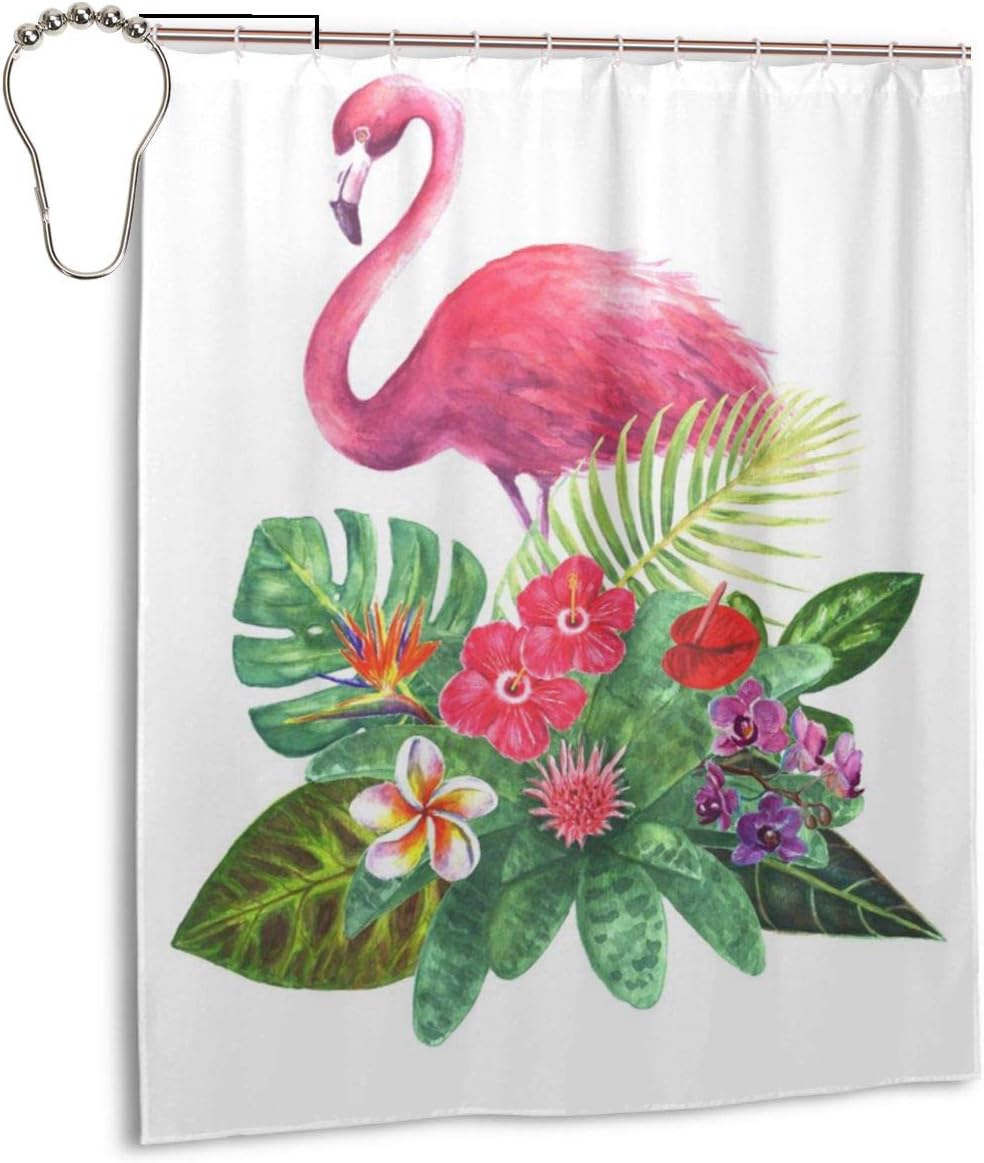 IOCVJKR Personalized Decorative Shower Curtain-Exotic-Bouquet-Pink-Flamingo-Green-Tropical Bathroom Decoration Shower Curtains,60 X 72 Inch
