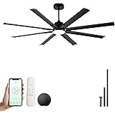 Minislak 72 Inch Ceiling Fan with Light,Industrial Ceiling Fan with 8 Black Aluminium Blades,Smart Fan Compatible with Alexa,