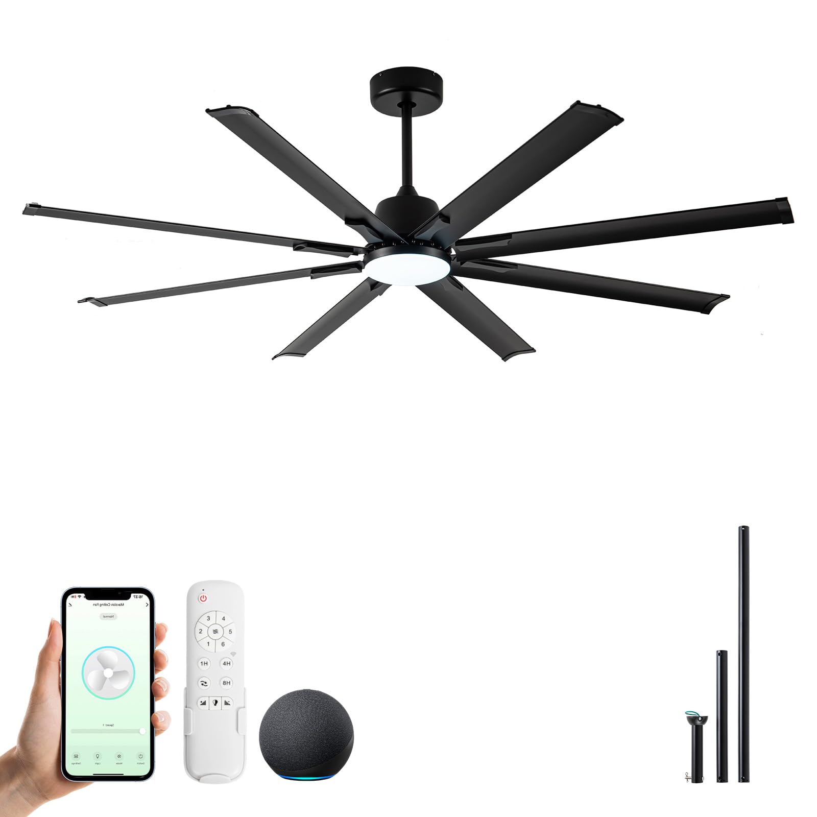 72 Inch Ceiling Fan with Light,Industrial Ceiling Fan with 8 Black Aluminium Blades,Smart Fan Compatible with Alexa,Garage Outdoor Indoor Fan for Patio and Living Room