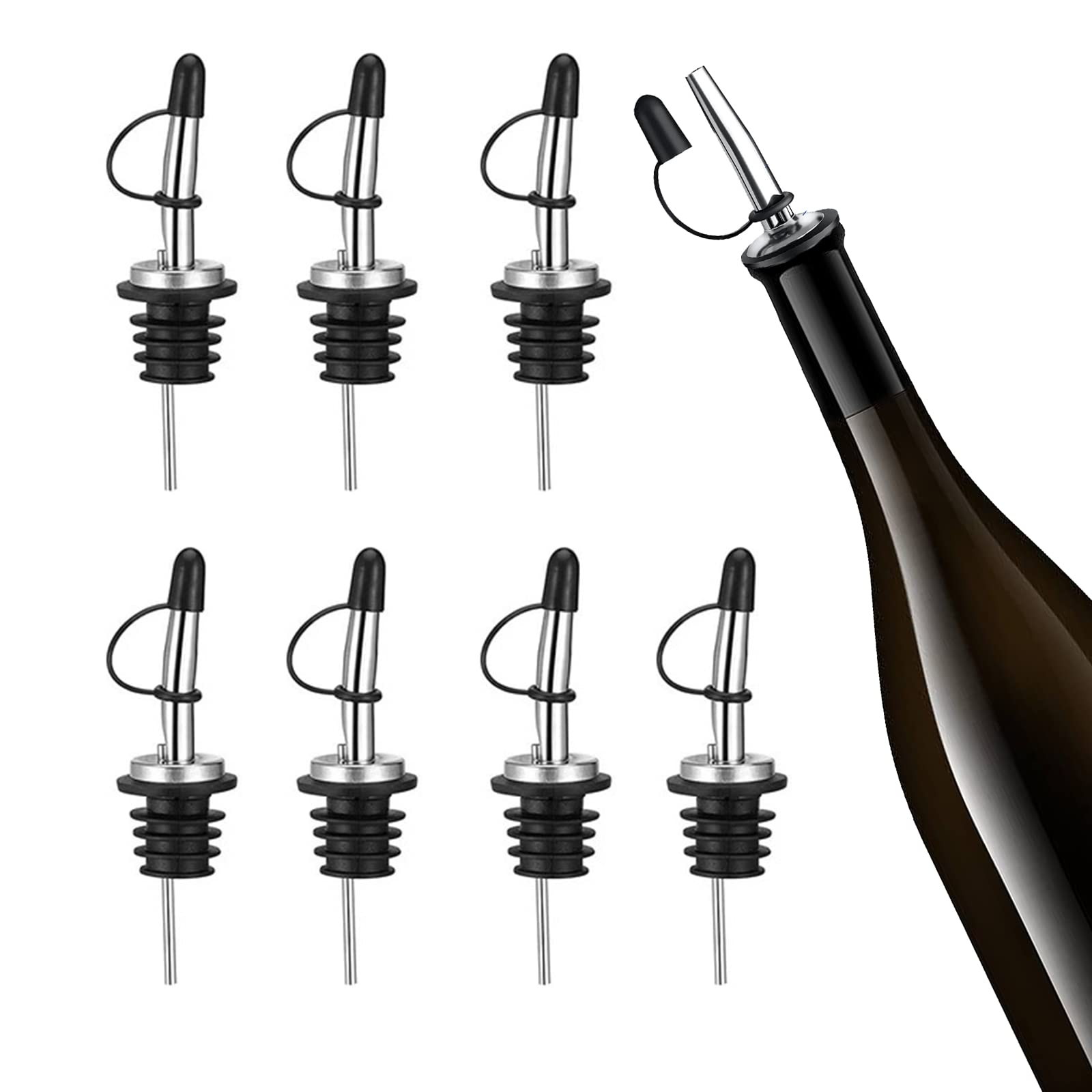 7 Pack Liquor Pourer with Rubber Dust Caps, Bottle Pourers for Spirits, Stainless Steel Freeflow Liquor Spirits Pourer Speed Pourers Wine Bottle Spirits Pourers Tapered Spout with Rubber Dust Caps