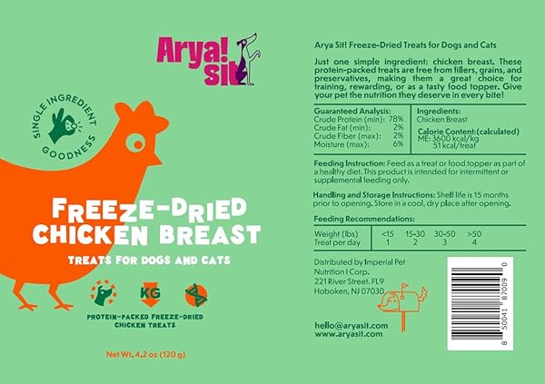ARYA SIT! – FREEZE-DRIED SINGLE INGREDIENT TREATS (CHICKEN BREAST) FOR DOGS AND CATS – LEAN PROTEIN · GRAIN‑FREE & LOW‑CALORIE · GREAT FOR SENSITIVE TUMMIES & WEIGHT CONTROL