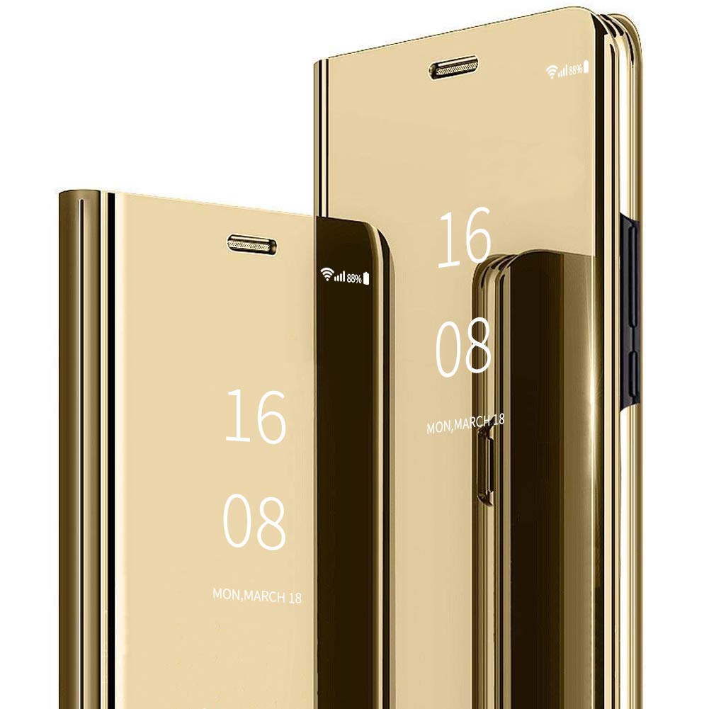 MadBee for Galaxy A8(2018) Case [with Screen Protector Full Coverage Flexible Film], Electroplate Plating Kickstand Case Smart Clear View Cover for Galaxy A8(2018) (Gold) — image 1