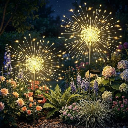 Solar Lights 120 LED Outdoor Garden Decoration, Solar Fireworks Lamps, Warm White, Waterproof Decorative Solar Light for Night Patio Balcony Sidewalks Pathway Landscape, 2 Pieces
