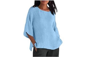 MAMIDAY Linen Shirts for Women 3/4 Sleeve Crewneck Oversized T Shirts Loose Casual Blouses Lightweight Trendy Summer Tops