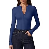 QINSEN Long Sleeve Shirts for Women V Neck Half Zipper Ribbed Knit Going Out Tops Full Length Basic Tee