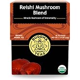 Buddha Teas Organic Reishi Mushroom Blend - Herbal Tea, Caffeine Free | 18 ct. Microplastic Free. Earthy and slightly bitter with woody notes.