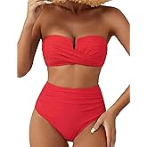 Hilor Bandeau Two Piece Bathing Suits for Women with Strap Retro High Waisted Swimsuits Sexy Push Up Bikini Swimwear