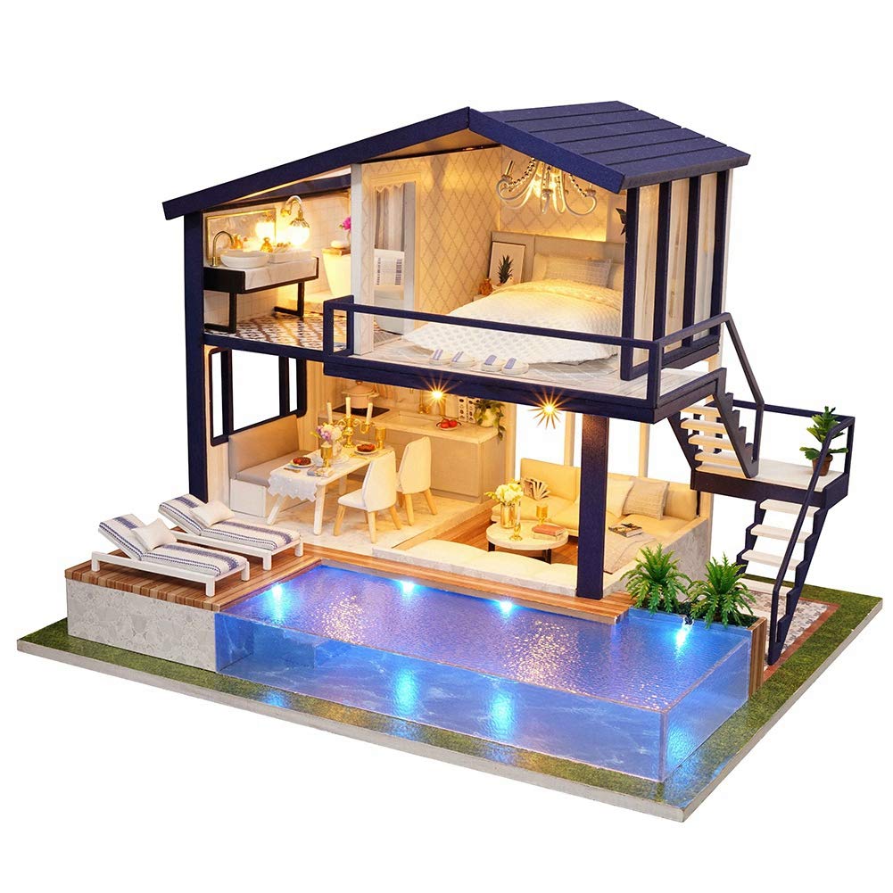 Yosoo DIY Miniature Dollhouse Kit, Green House with Furniture and LED Wooden Dollhouse Kit Decorative Ornament Gift for Kid Child (Without Dustcover)
