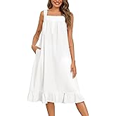 SWOMOG Cotton Nightgowns for Women Sleeveless Button Down Night Gown Soft Victorian Nightdress House Dress with Pockets