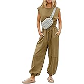 Kissonic Jumpsuits for Women Casual Crewneck Cap Sleeve Drawstring Romper One Piece Outfits with Pockets