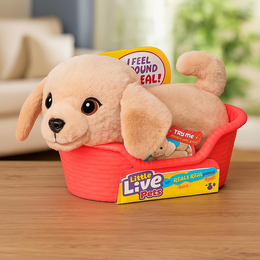 Little Live Pets My Really Real Puppy Mini Buddy The Retriever, Interactive Plush Toy with Basket, 20+ Sounds and Reactions, Puppy Toys for Kids