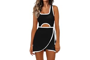 Fisoew Womens Workout Tennis Dress with Built in Shorts and Bra Sleeveless Cutout Wrap Tie Waist Golf Athletic Romper