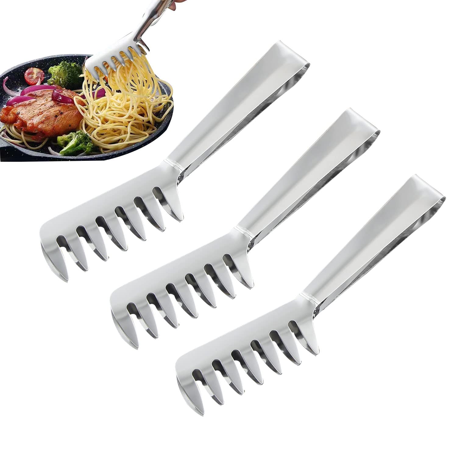 3 Pack Pasta Tongs Stainless Steel for Serving Pasta Utensils Claw Chicken Tongs Salad Tongs
