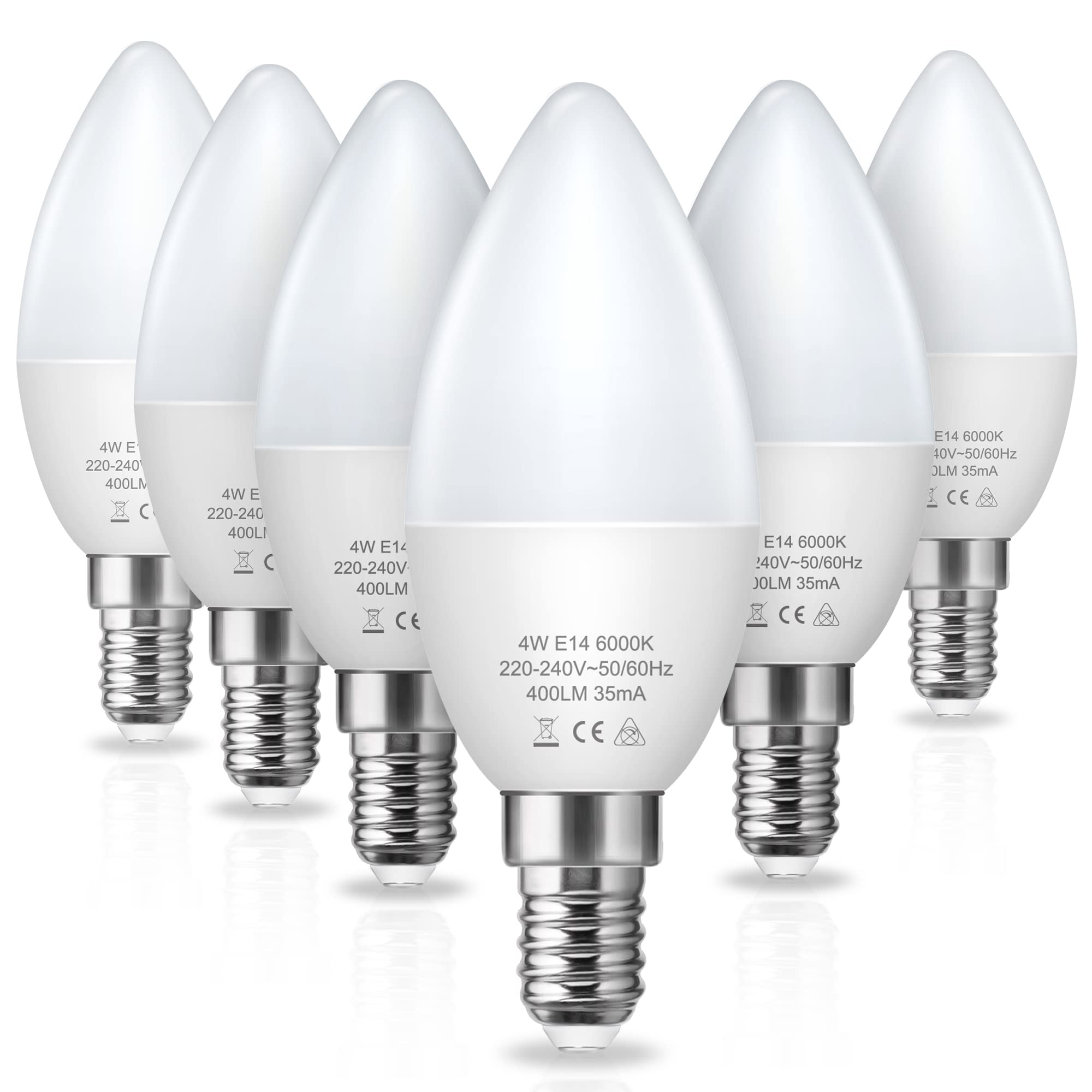 Fulighture E14 Candle Bulb 6 Pack, Cool White 6000K, 4W 400lm, Non-Dimmable, Candle Light Bulbs for Chandeliers, Wall Lamps
