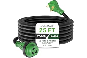 RVGUARD 30 Amp 25 Foot RV Power Extension Cord, Heavy Duty STW Cord with LED Power Indicator and Cord Organizer, 30 Amp Male Standard to 30 Amp Female Locking Connector, Green, ETL Listed