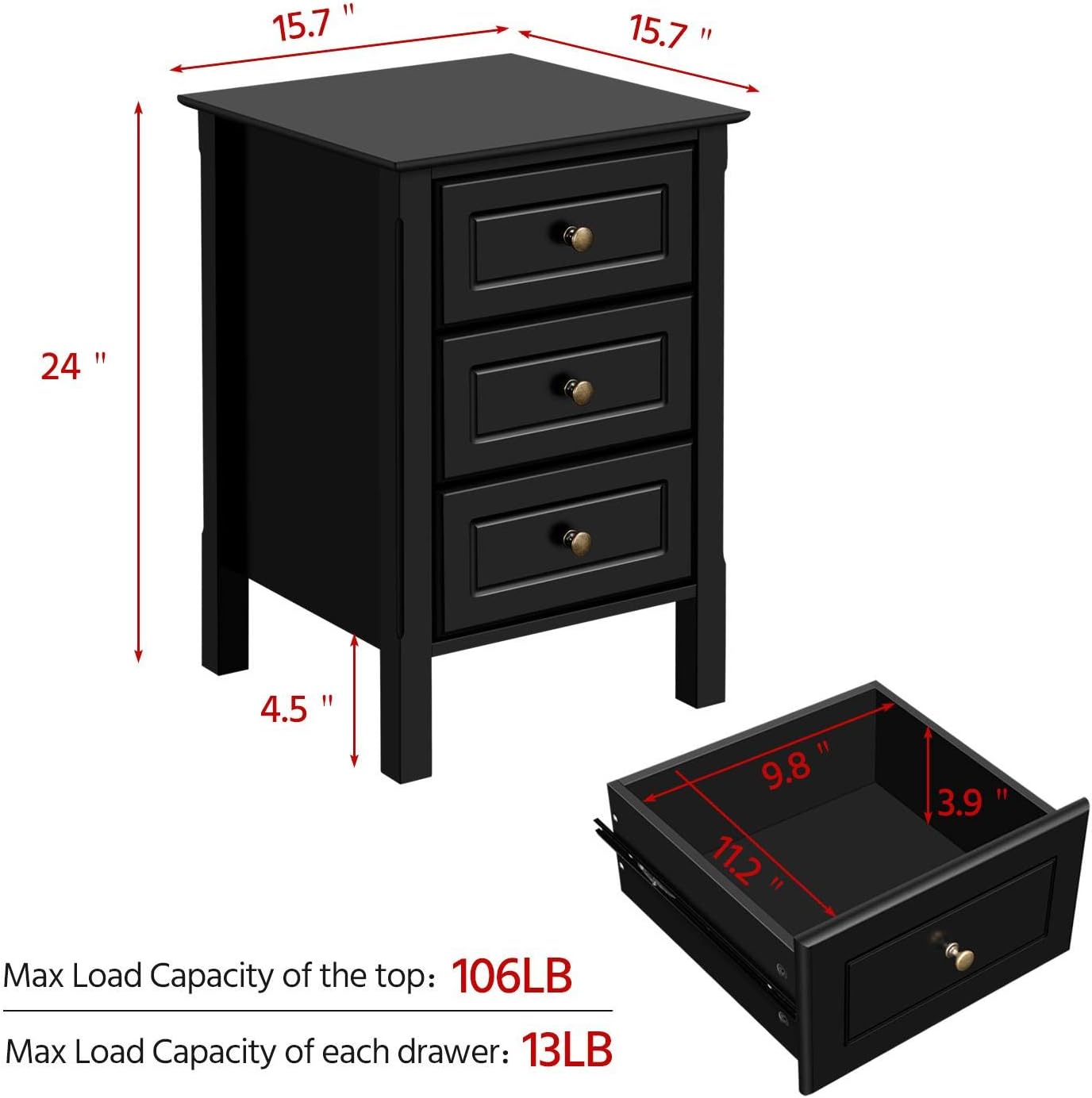 YAHEETECH Wood 3-Drawer Nightstand with Solid Pine Wood Legs Bedroom Furniture, Black: Furniture & Decor