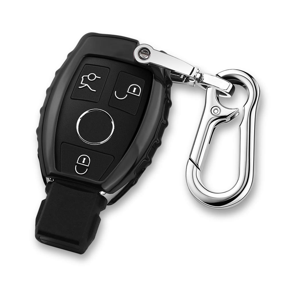 QBUC Car Key Cover for Mercedes Benz Soft TPU Car Key Case Holder Protector with Keychain Compatible with Mercedes Benz C E S M CLS CLK G Class Keyless Smart Key Fob (Black)