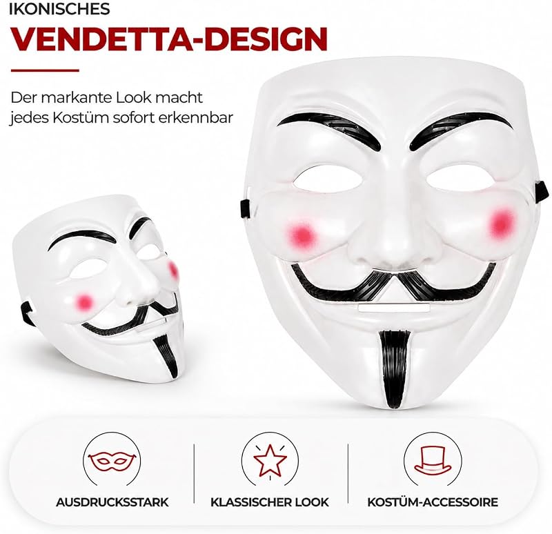 Vendetta Maske als Kostüm Accessoire für Damen & Herren, Kinder & Erwachsene an Anonymous Halloween & Fasching & Karneval — Foto 6 von 8