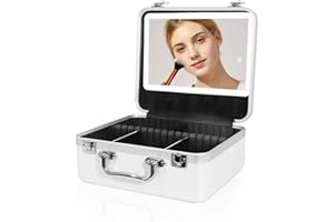 FENCHILIN Travel Makeup Bag with Rechargeable Mirror 3 Color Adjustable Brightness Cosmetic Train Case with Adjustable Dividers for Storage Waterproof Bag Magnetic Holder for Portable Mirror Cute Bear