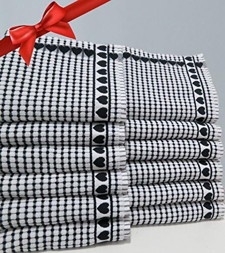 Roseberry Linen 12 Piece Love Gift, Check Print, Absorbent/Low Lint/100% Cotton Dish/Kitchen/Bleachable Towels, Black