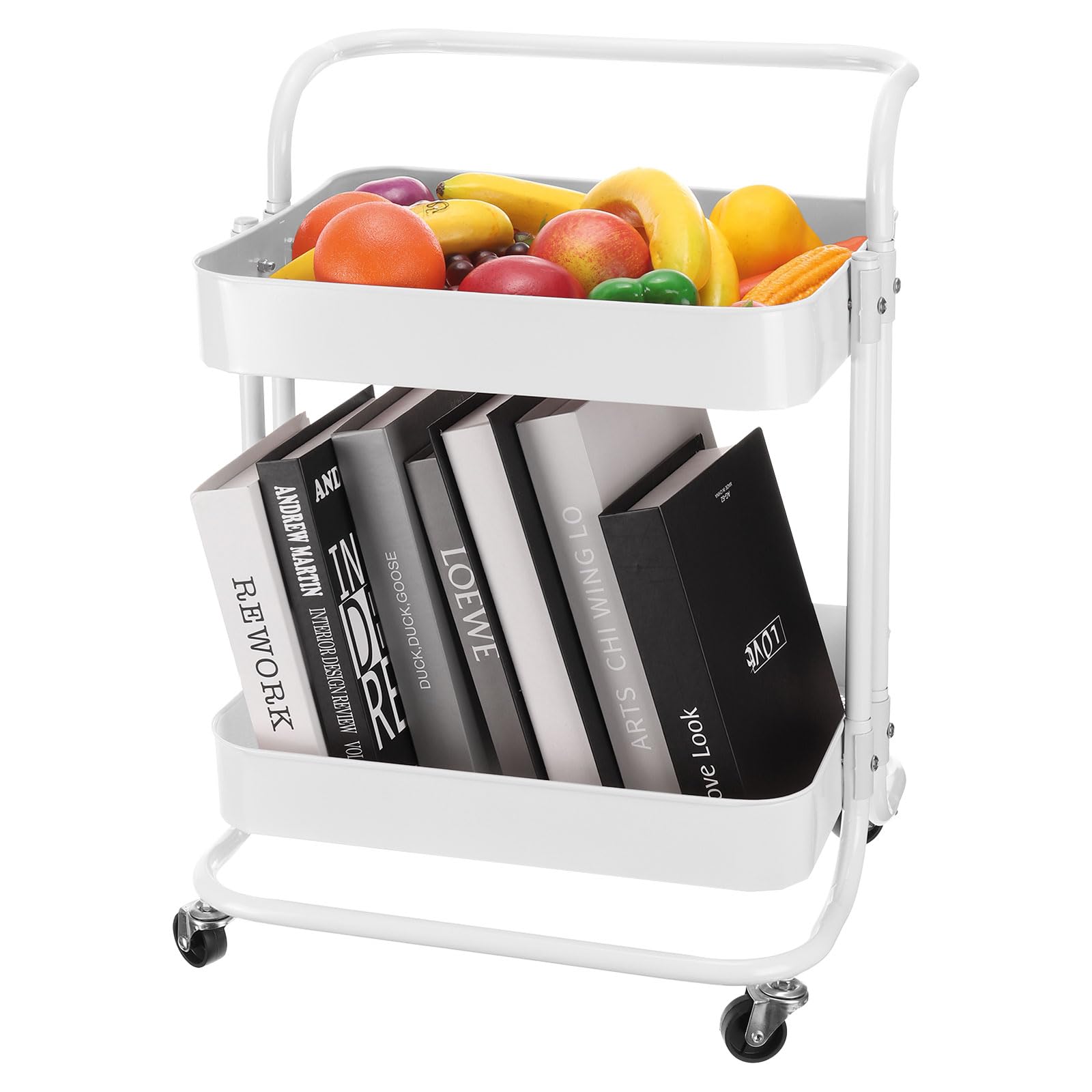 Photo 1 of uxcell 2 Tier Rolling Cart,Rolling Storage Cart with Handle and Lockable Wheels Kitchen Cart, Storage Trolley Organizer Cart for Living Room, White